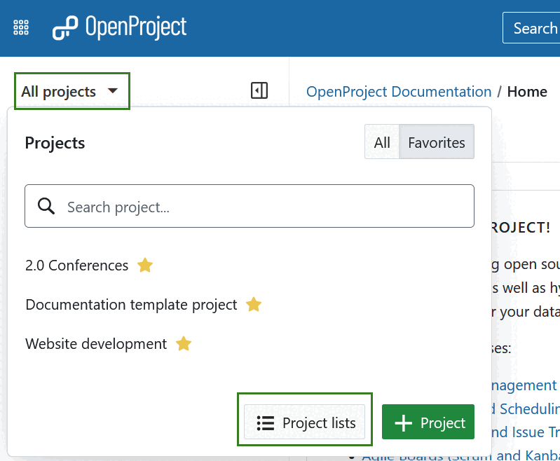 “Project lists” button at the bottom of the All projects dropdown menu in the header navigation of OpenProject