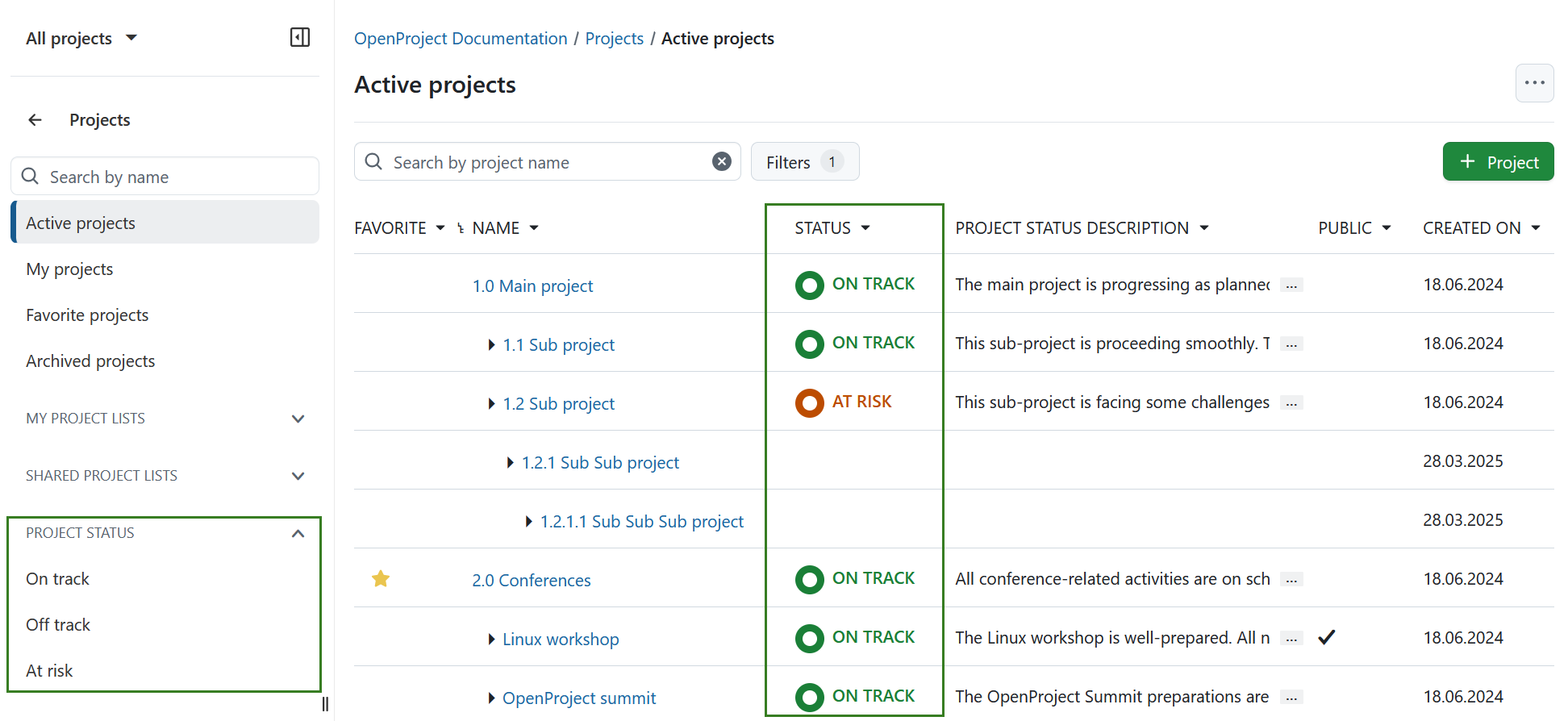 Lista de proyectos que muestra la columna de estado del proyecto y los filtros de estado del proyecto en OpenProject