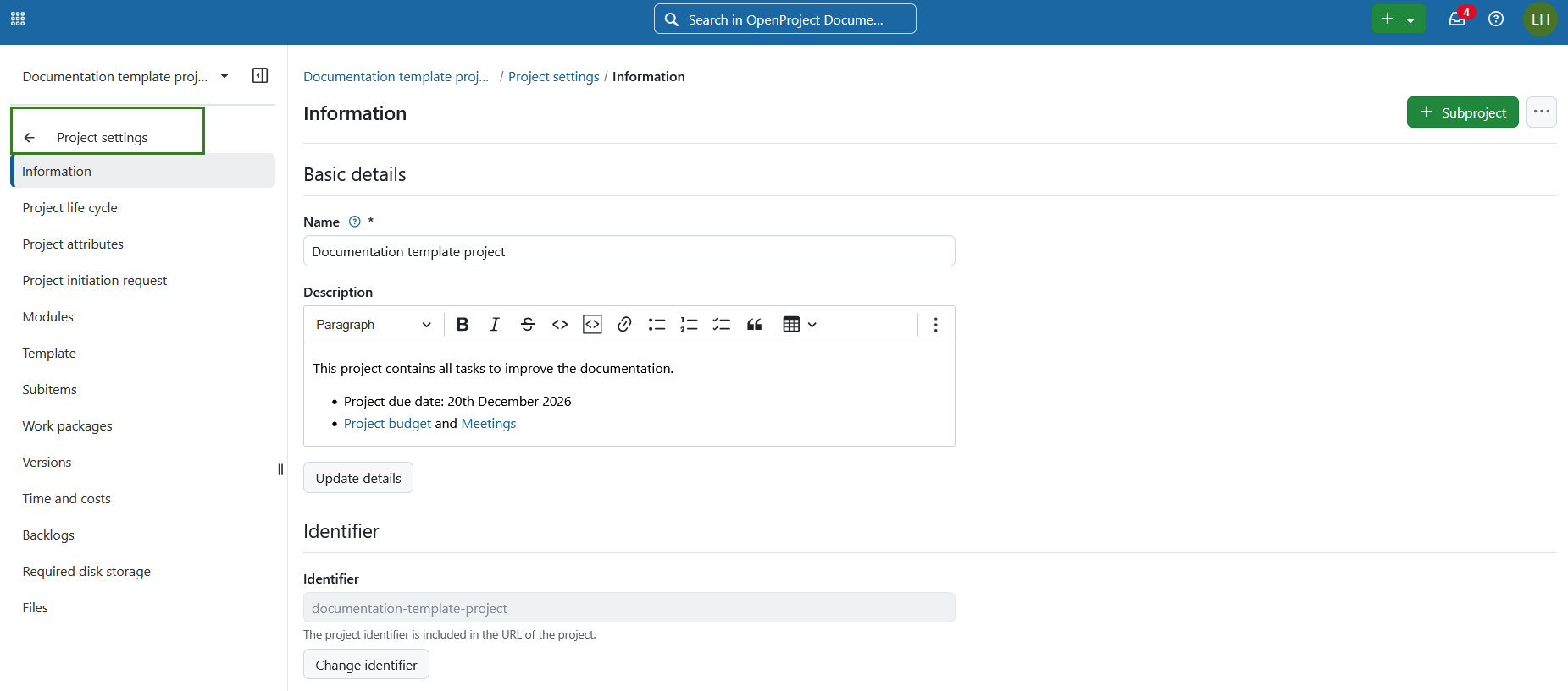 Abschnitt Informationen im Modul Projekteinstellungen in OpenProject