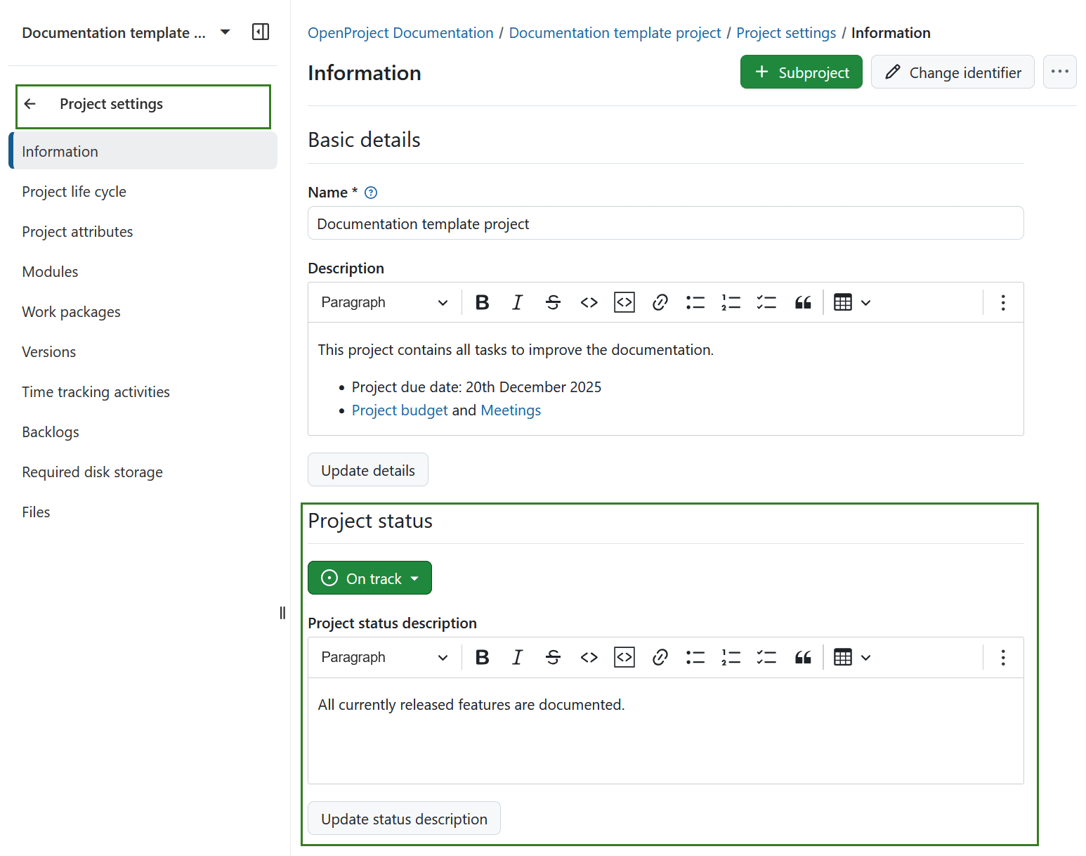 Project status section under project settings module in OpenProject