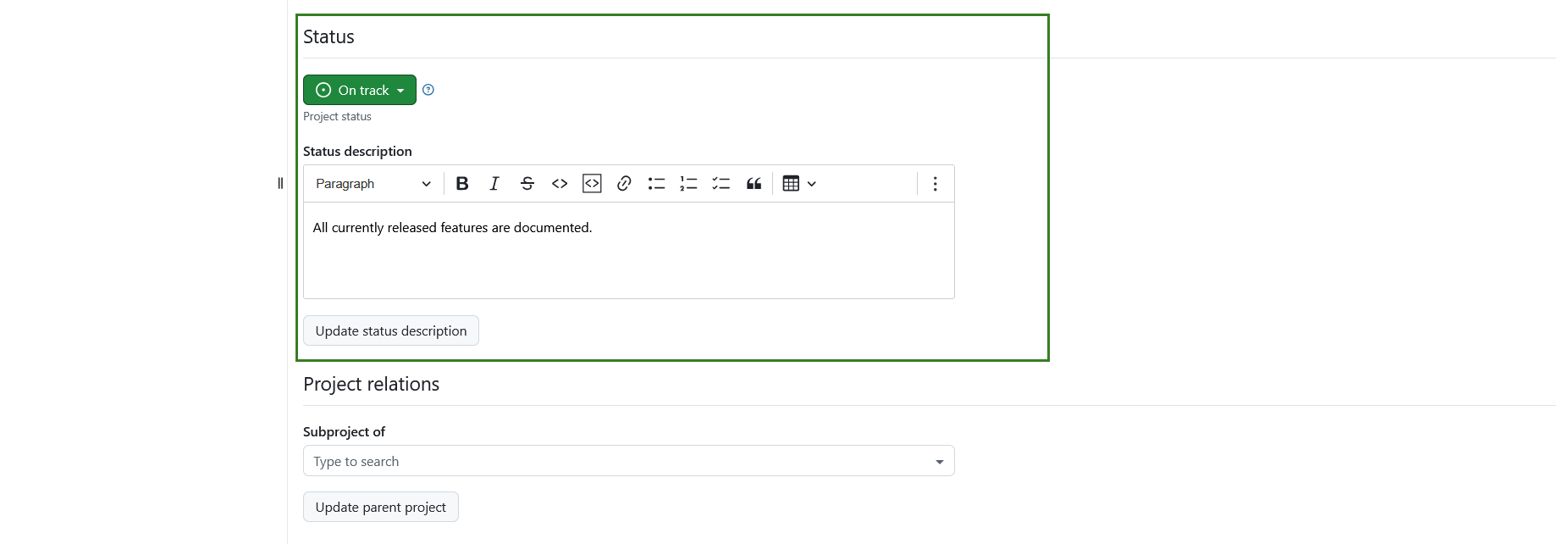 Projektstatus Abschnitt unter Projekteinstellungen Modul in OpenProject