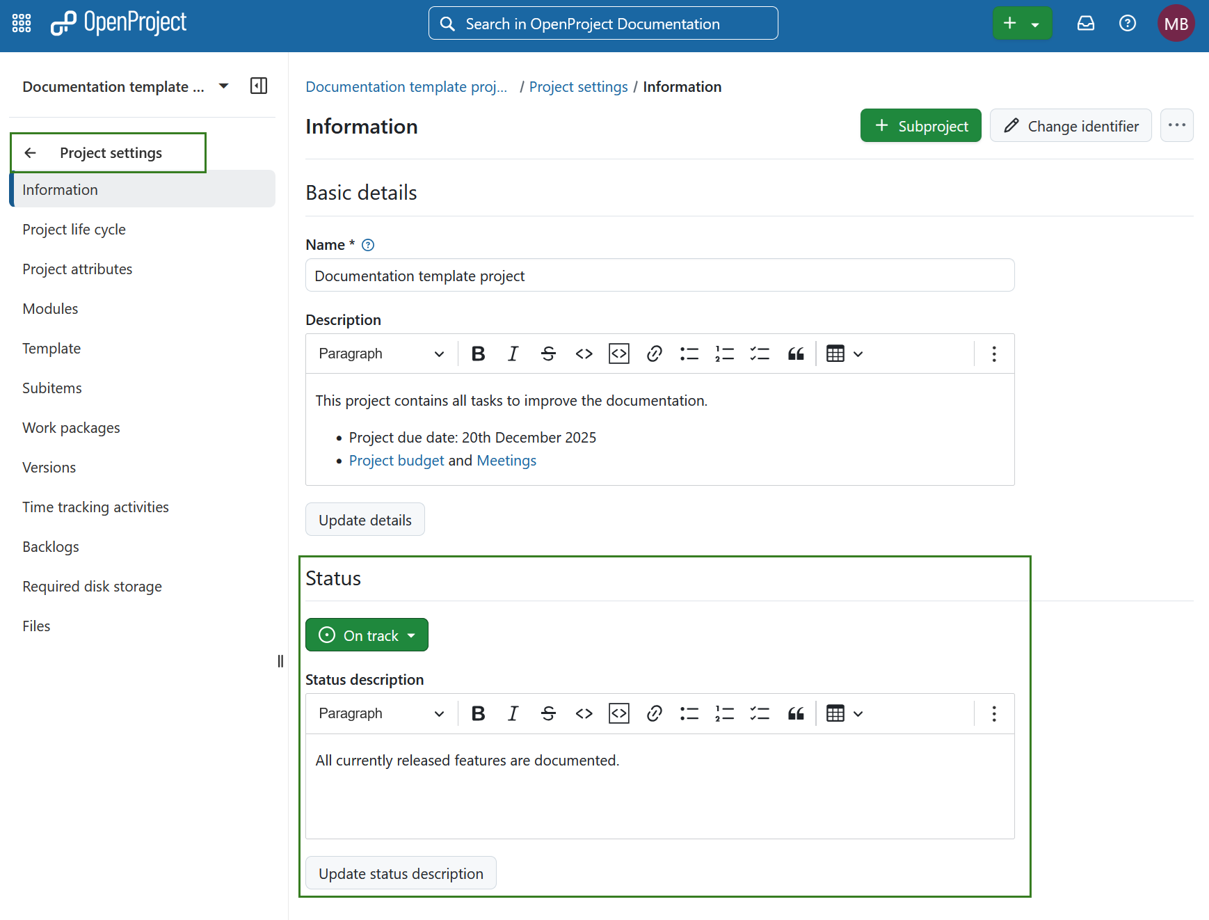 Sección de estado del proyecto en el módulo de configuraciones del proyecto en OpenProject