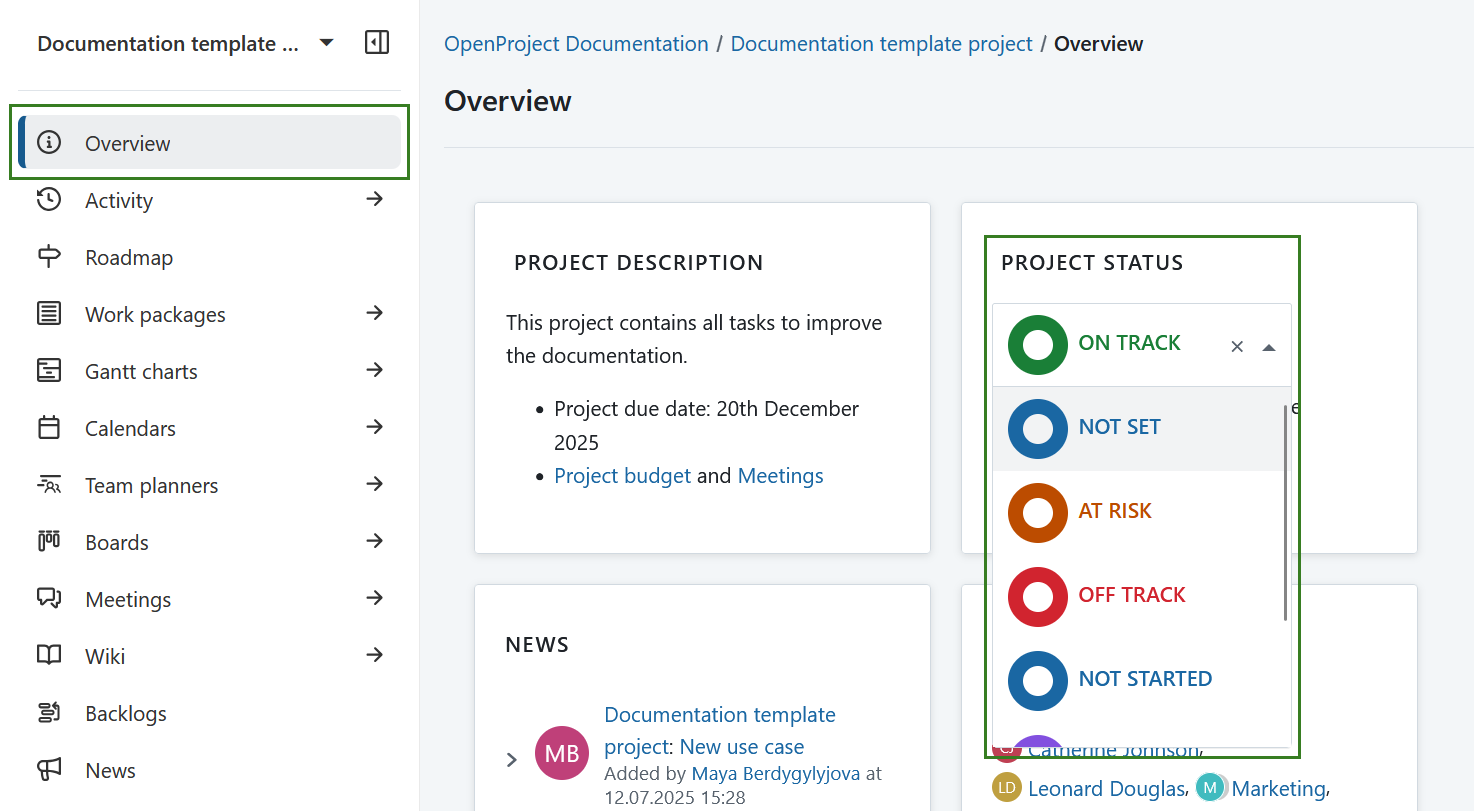 Widget de estado del proyecto en una página de resumen del proyecto en OpenProject