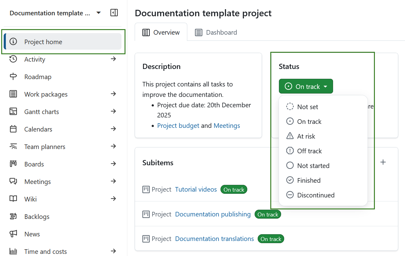 Widget de estado del proyecto en una página de resumen del proyecto en OpenProject