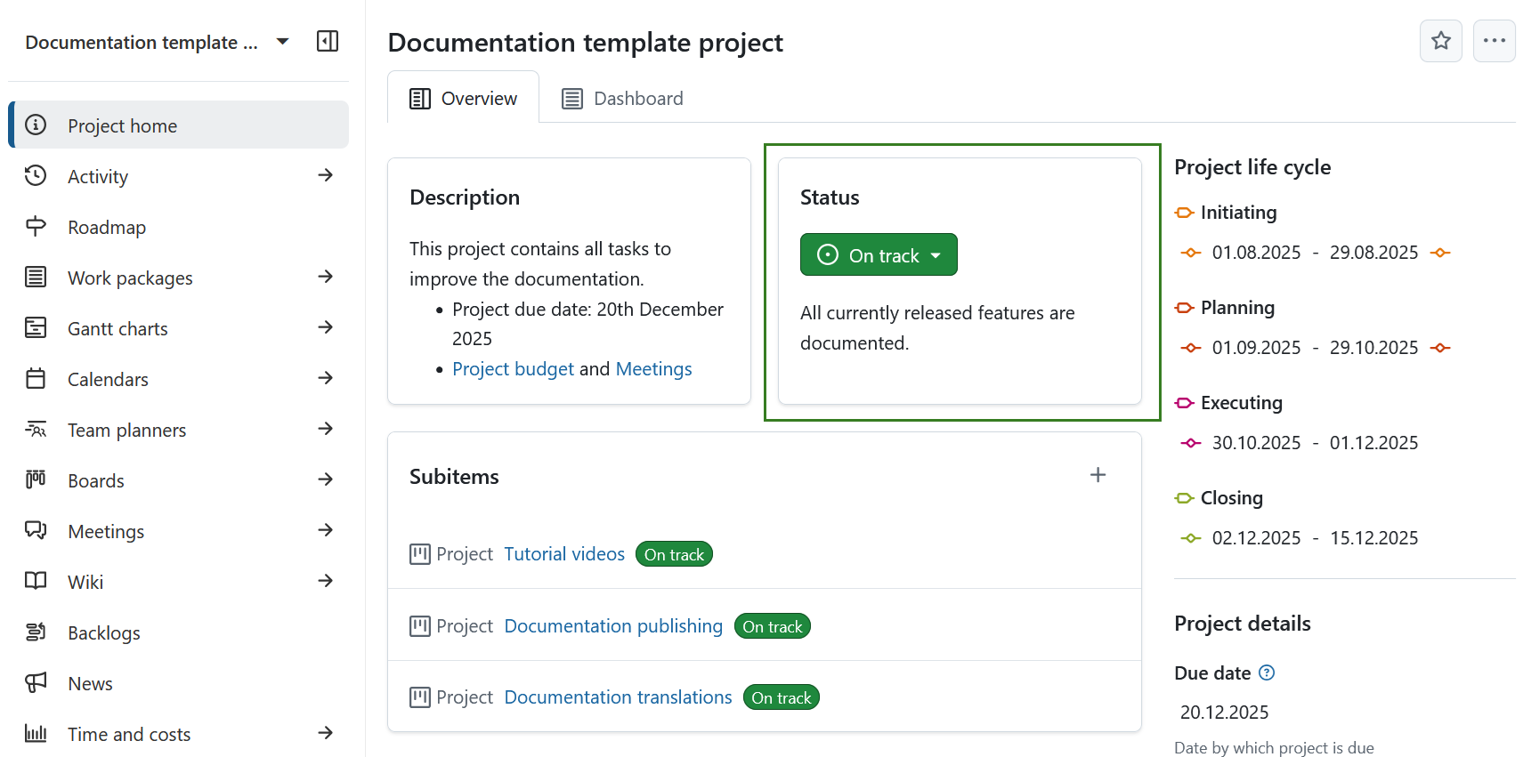 Project status widget on a project home page in OpenProject