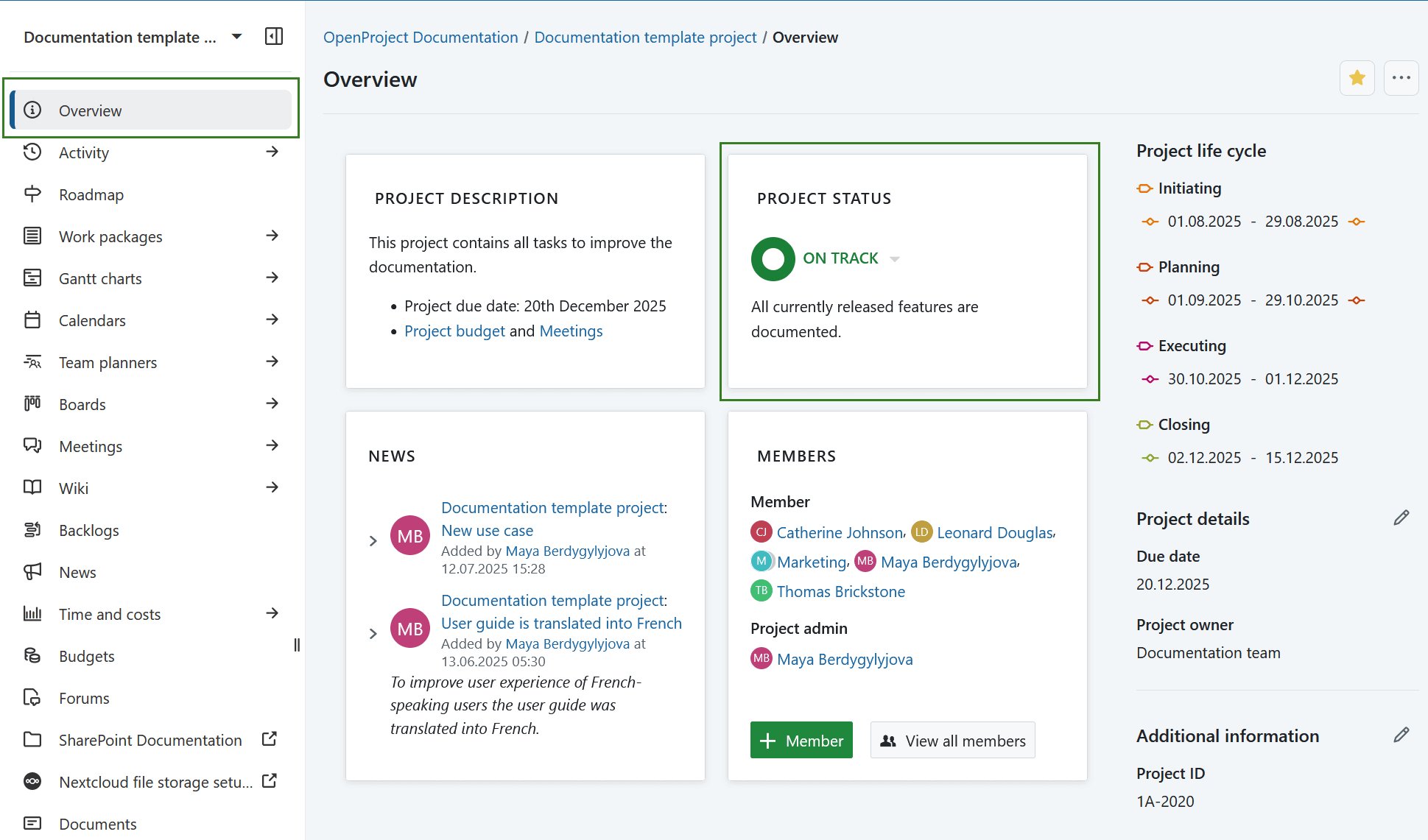 Project status widget on a project overview page in OpenProject