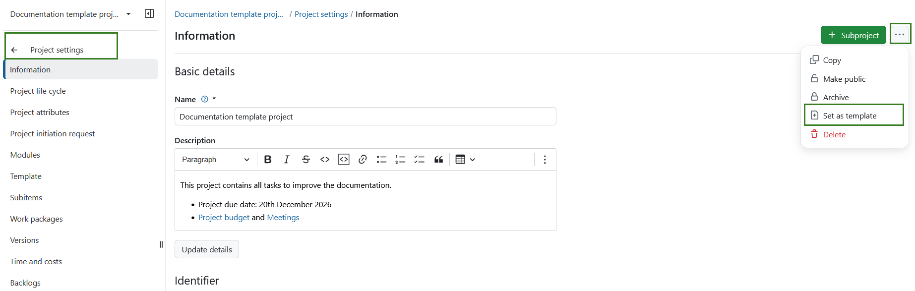 Ícone para definir um projeto como modelo nas definições do projeto no OpenProject