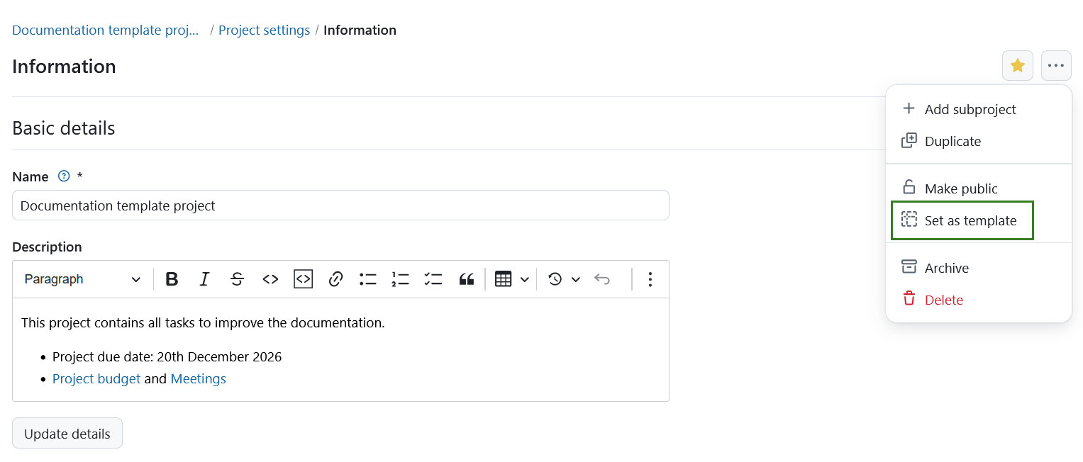 More actions menu in project settings with the Set as template option