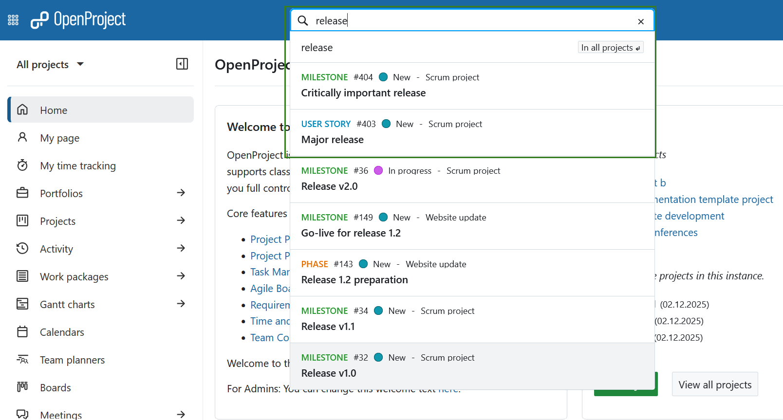 Search results for a global search using the keyword “release” in OpenProject showing all results