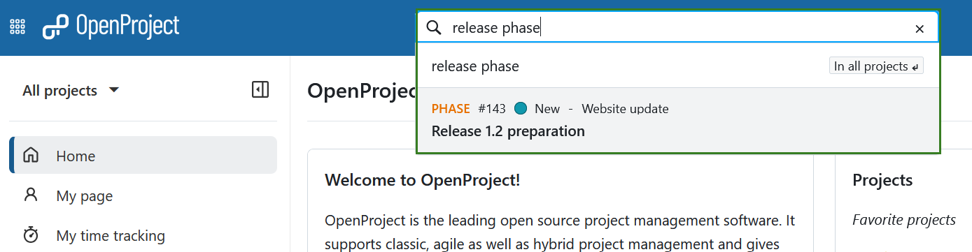 Search results for a global search using the keyword “release phase” in OpenProject