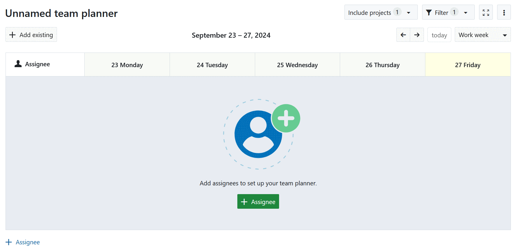 Um exemplo de um planeador de equipa vazio recém-criado no OpenProject