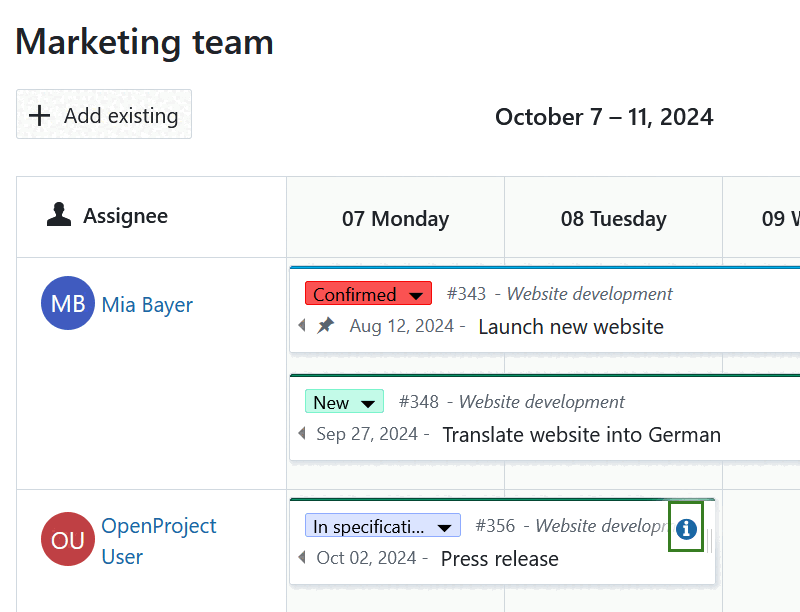 Clique no ícone i num cartão de pacote de trabalho para abrir os detalhes na vista de ecrã dividido