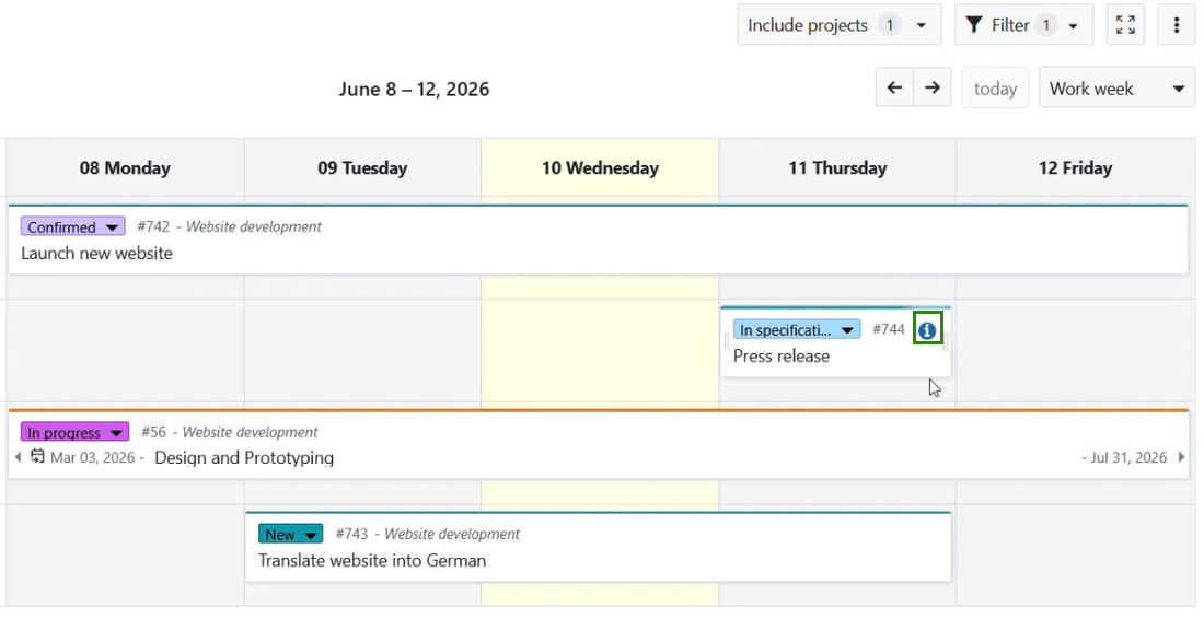 Klicken Sie auf das i-Symbol in einer Arbeitspaketkarte, um Details in der geteilten Bildschirmansicht zu öffnen