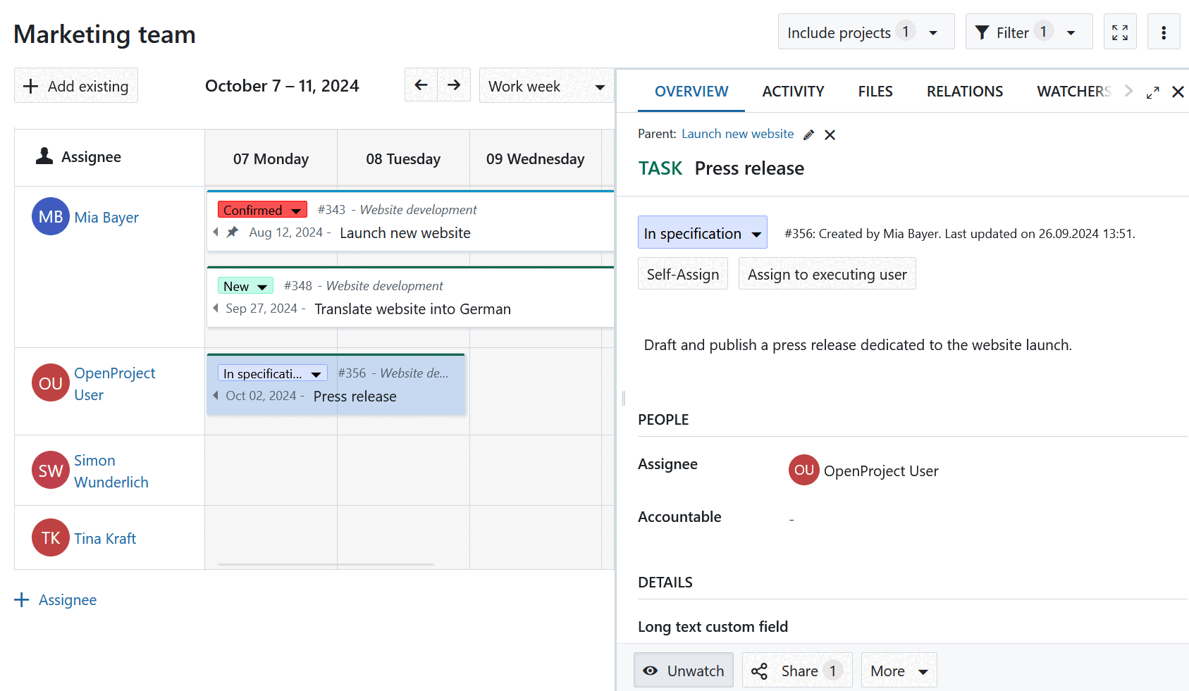 Um exemplo da vista detalhada do pacote de trabalho em ecrã dividido