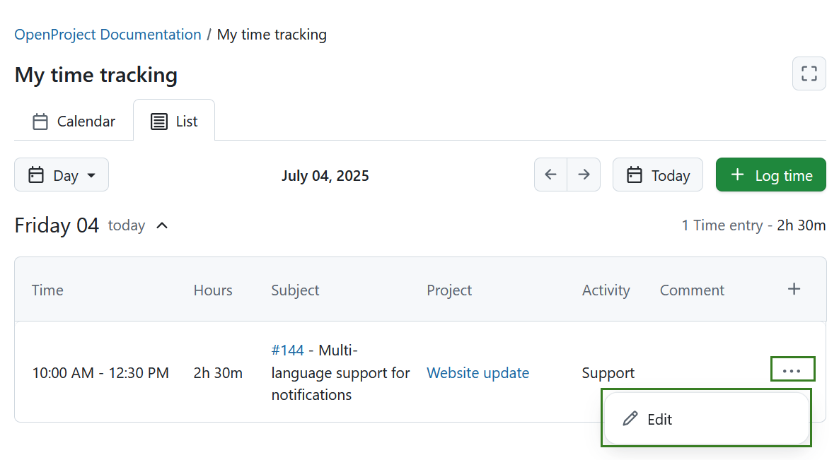 Icon to edit a time entry under List tab of the My time tracking module in OpenProject