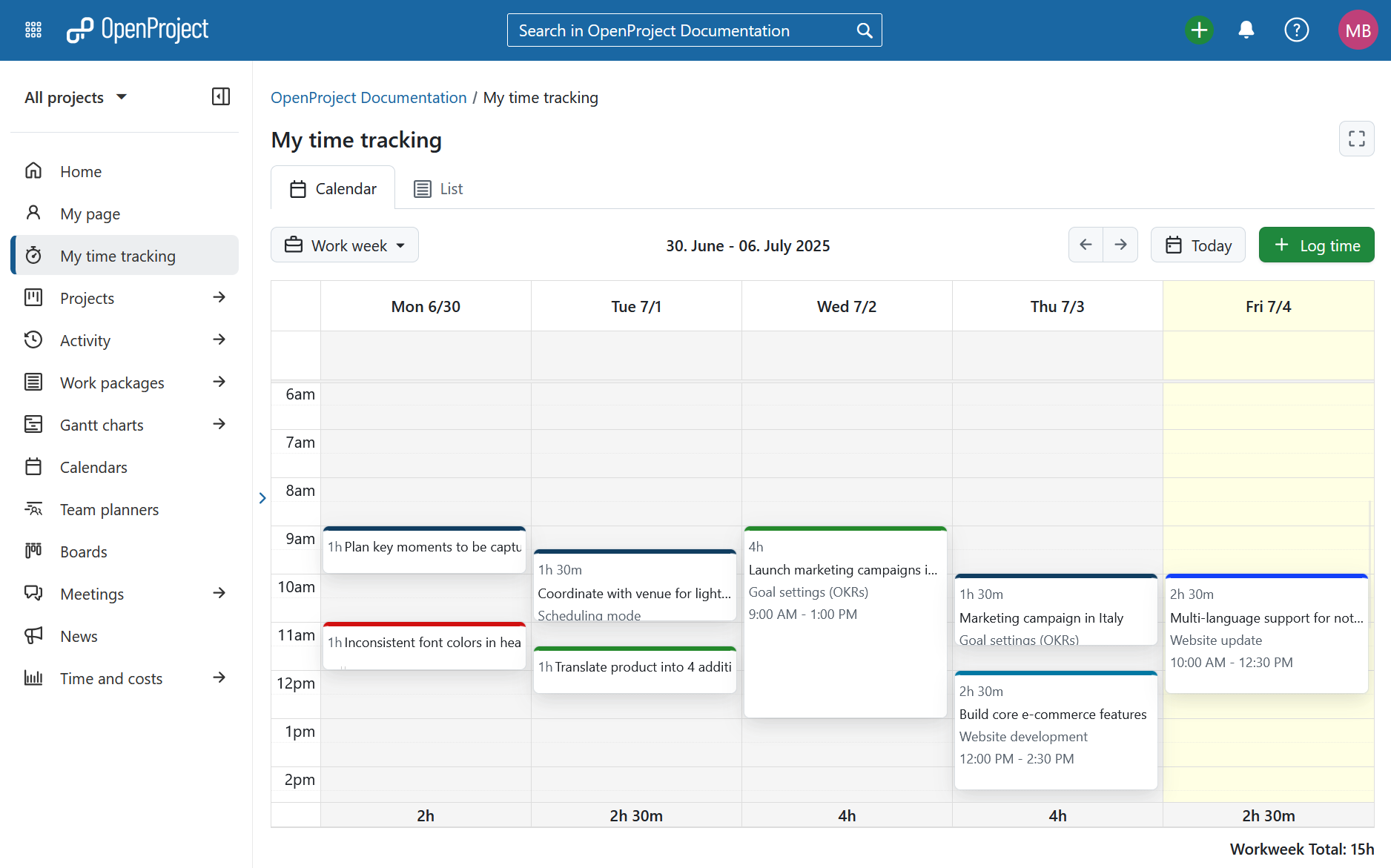 My tracking page overview in OpenProject