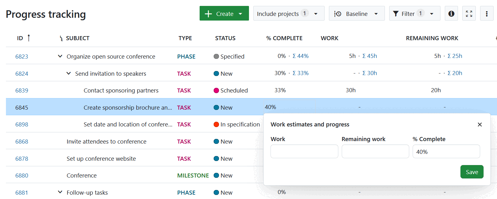 Introduzir manualmente valores para % Concluído no OpenProject