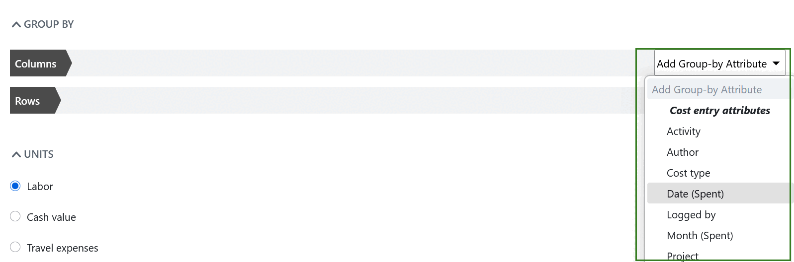 Agrupar el informe de tiempos y costes por atributos en OpenProject