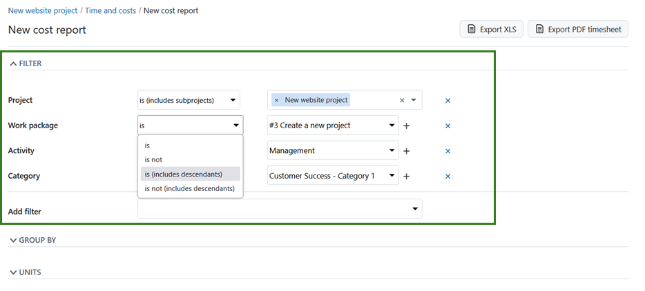 Time and cost reports filters in OpenProject