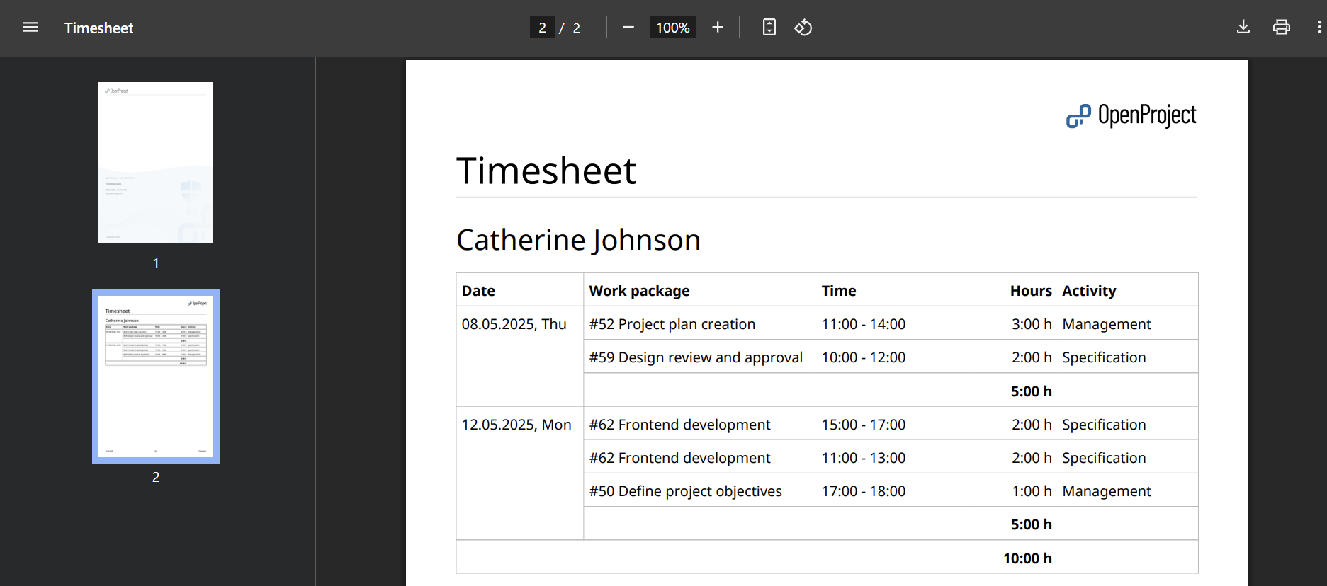 Exportation des feuilles de temps en PDF dans OpenProject