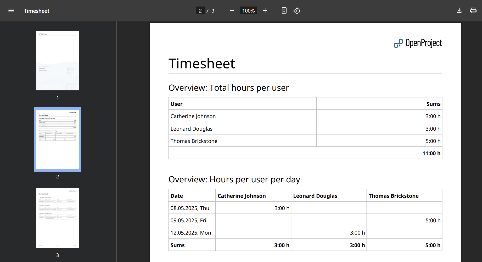 Exportation de feuilles de temps au format PDF pour plusieurs utilisateurs dans OpenProject