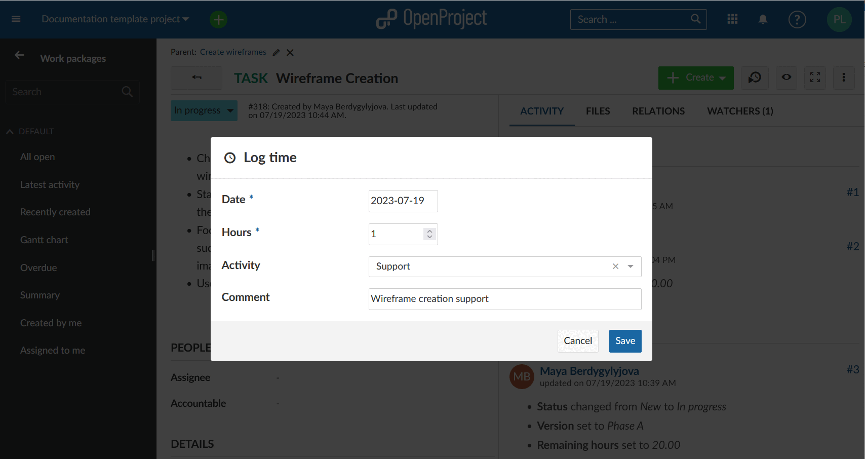 pop up de registo de tempo