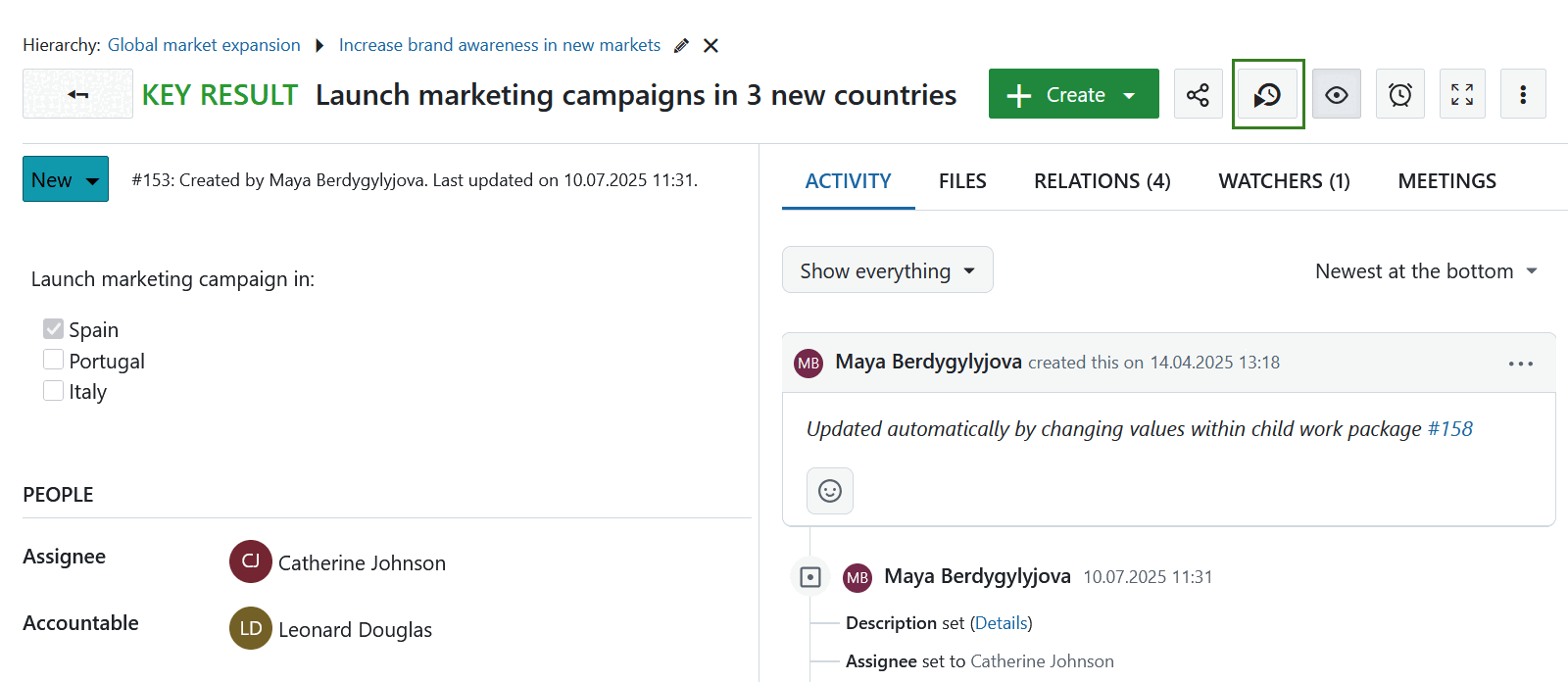 Botão de início de controlo de tempo do OpenProject na vista detalhada de um pacote de trabalho