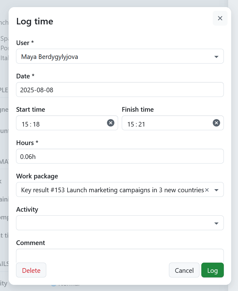 Botão de paragem do controlo de tempo do OpenProject