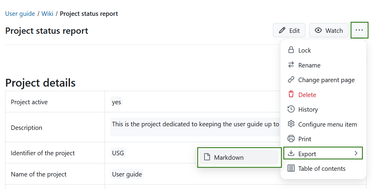 Export wiki page from the More menu