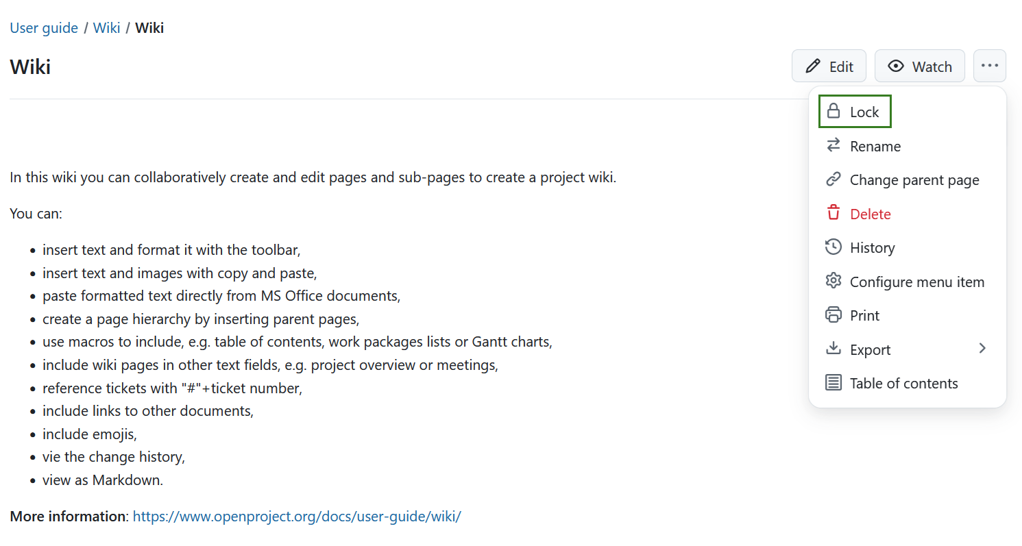 Lock wiki page from the More menu