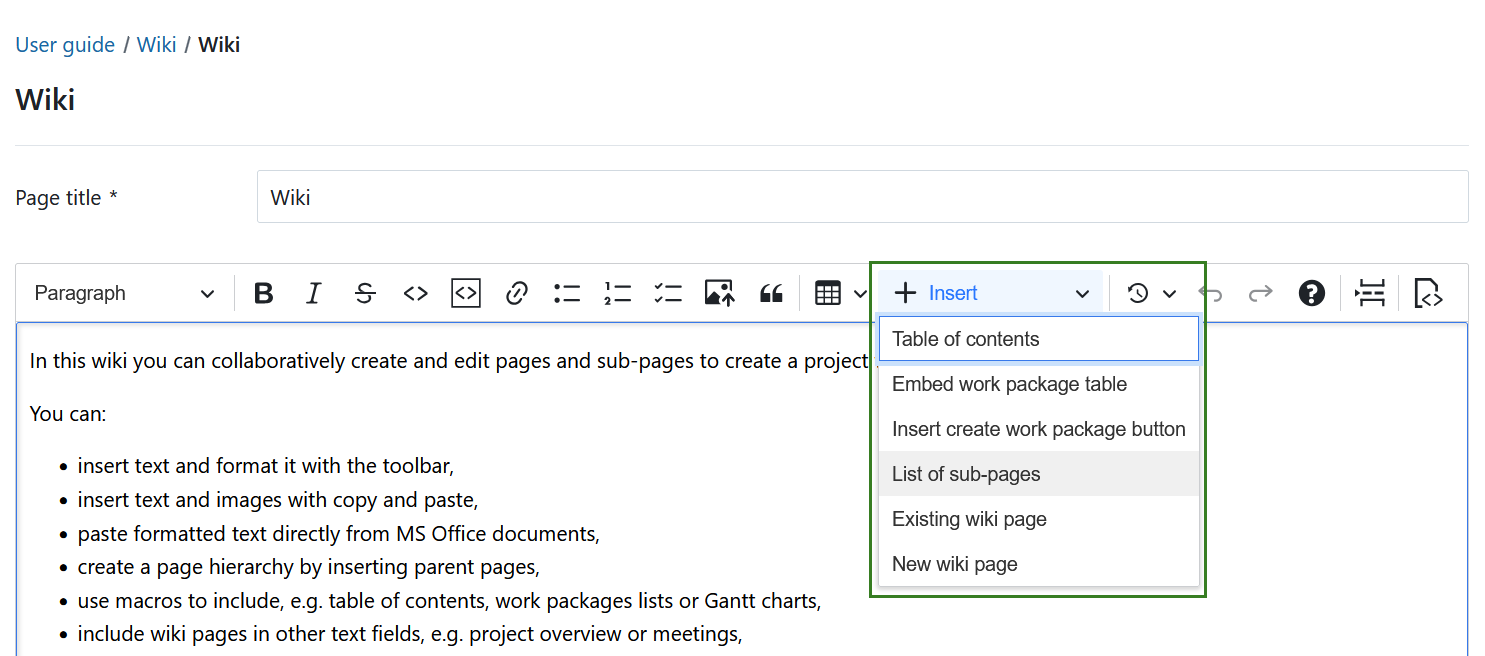 Wiki specific macros in a CKeditor on a wiki page in OpenProject