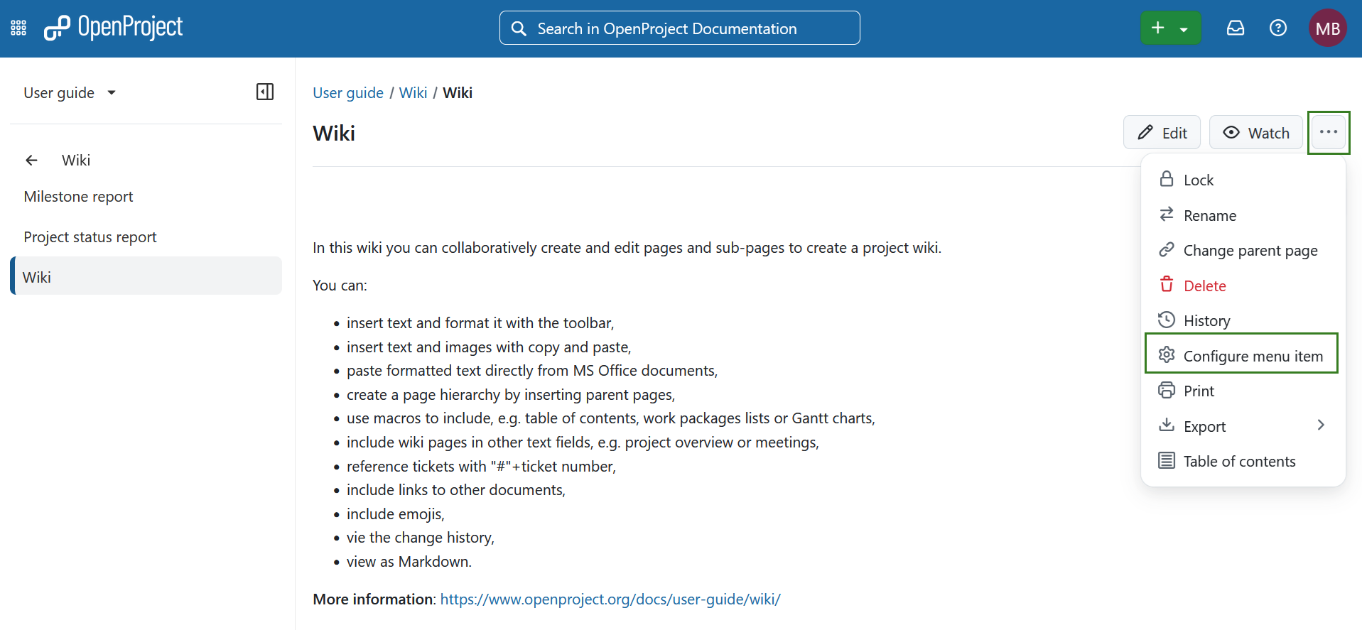 Option to configure a menu item for a wiki page in OpenProject
