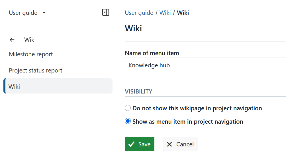 Visibility settings for an internal wiki page in OpenProject