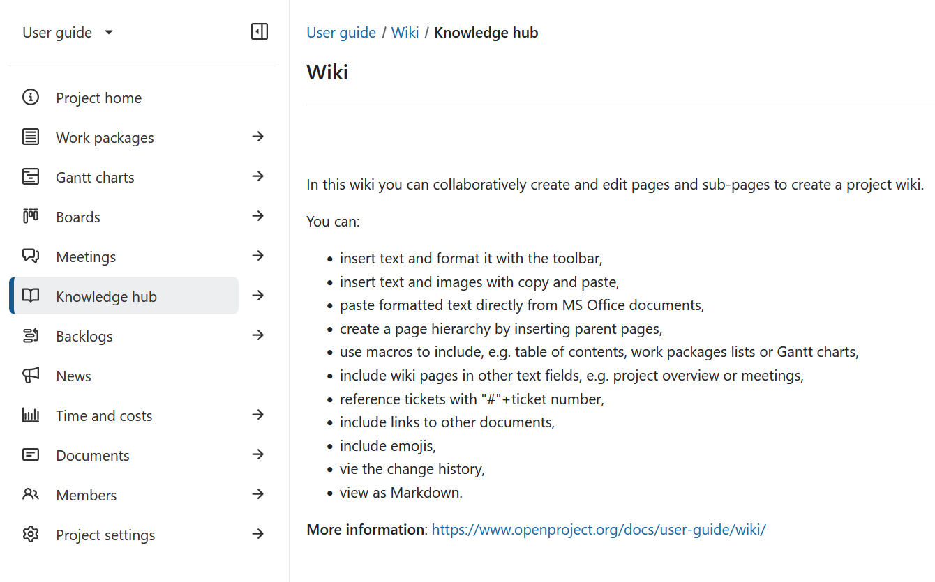 Wiki page displayed as part of the project menu in an OpenProject