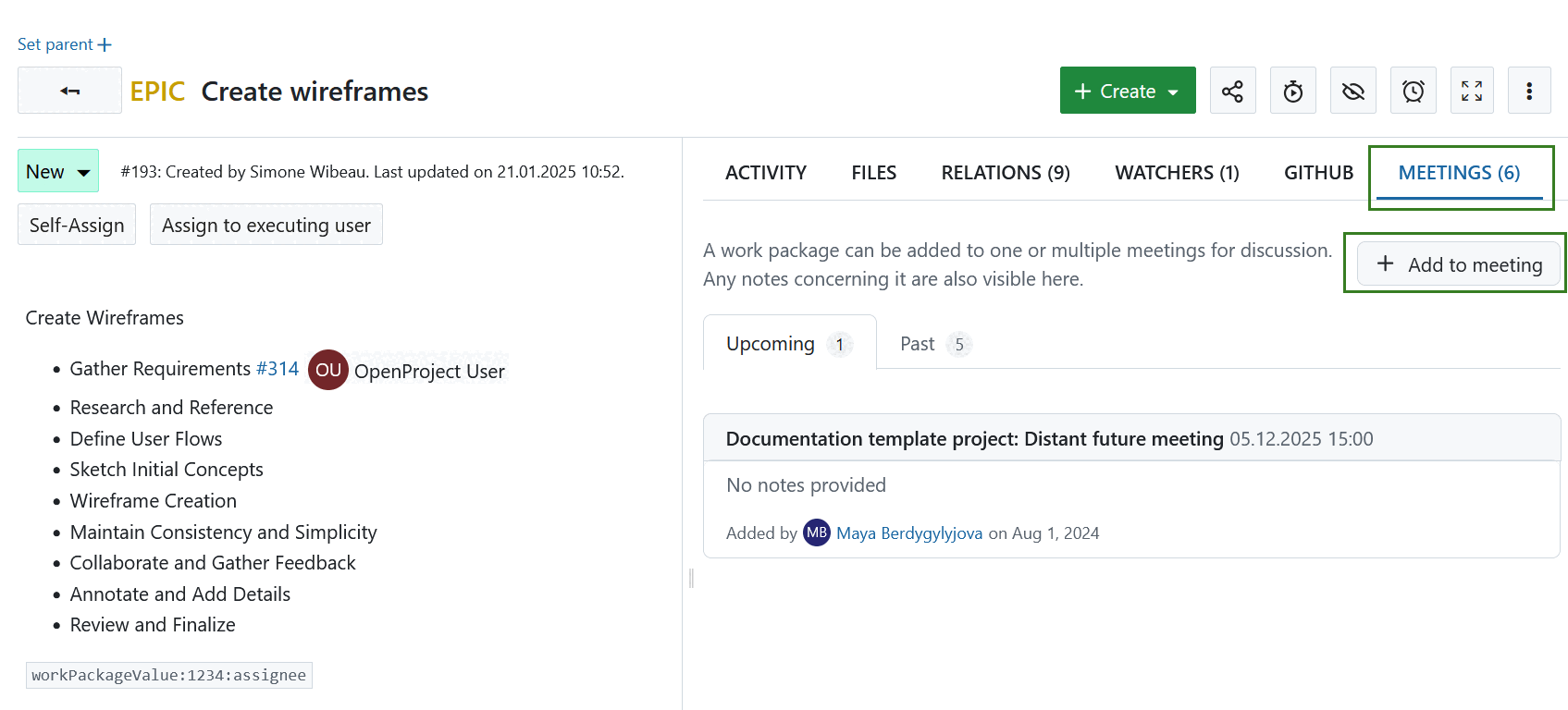 Adicionar um pacote de trabalho a uma reunião no OpenProject