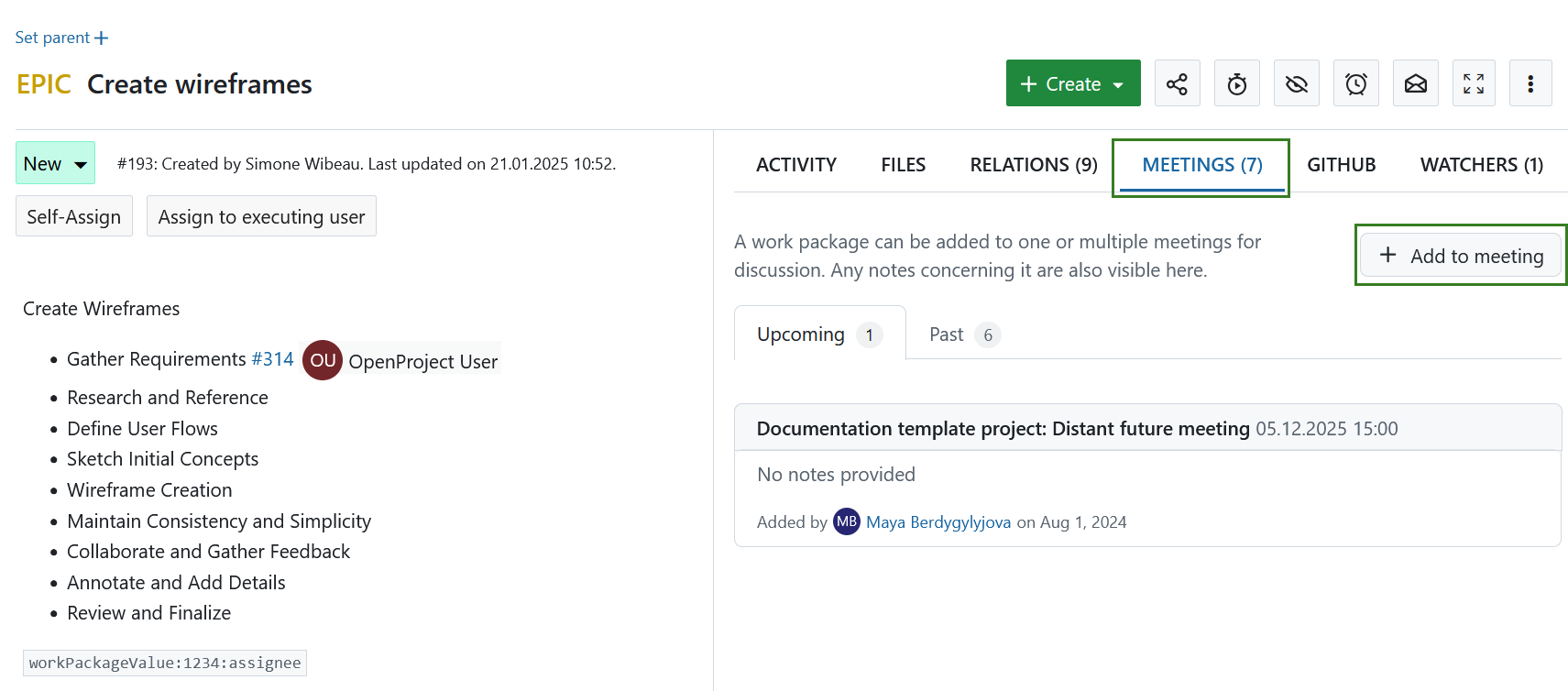 Añadir un paquete de trabajo a una reunión en OpenProject