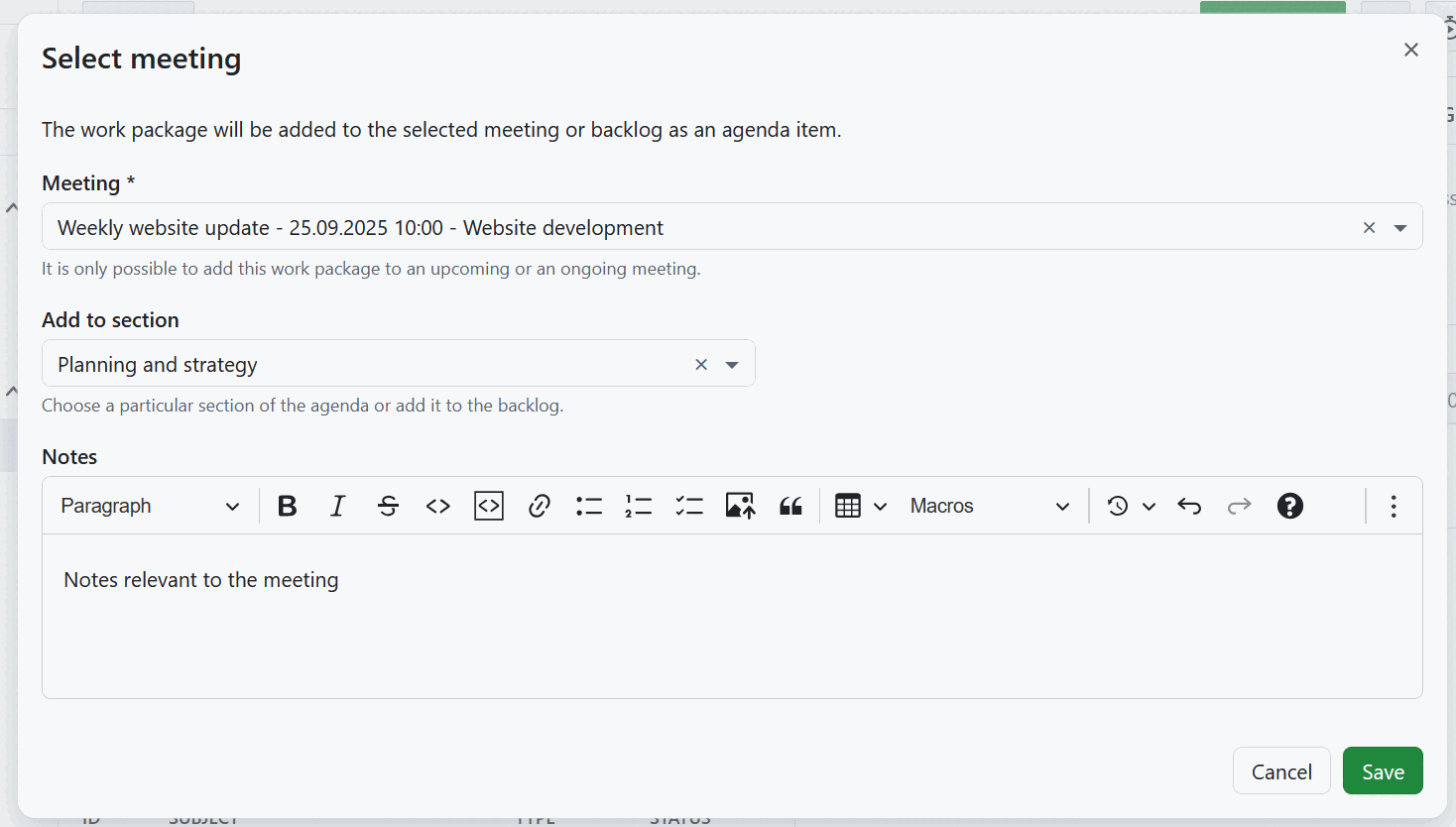 Adicionar um pacote de trabalho a uma nova reunião