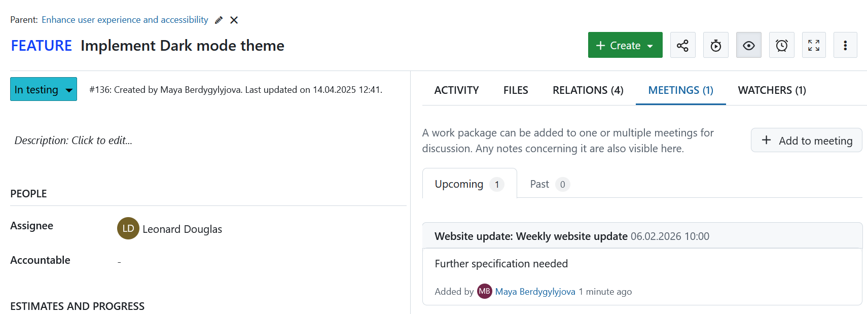 Work package in OpenProject showing a Meetings tab, which displays a meeting in which this work package was referenced