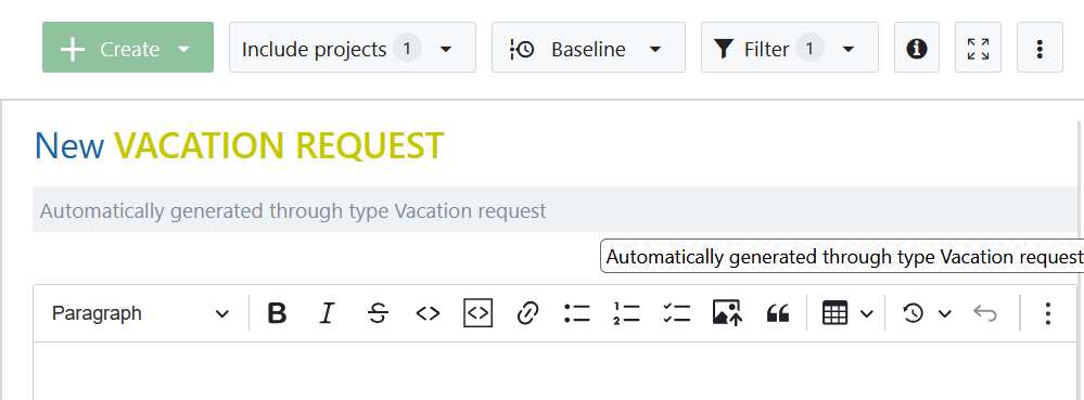 Ejemplo de un paquete de trabajo recién creado con un campo de asunto bloqueado en OpenProject