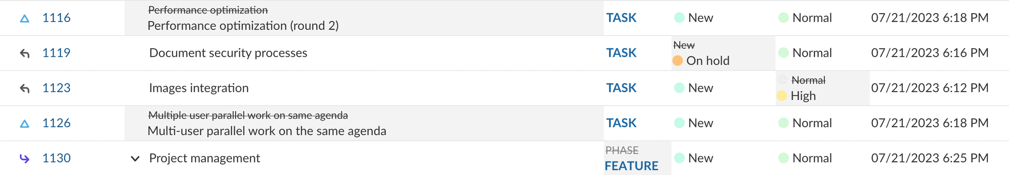 Old values are visible in the work package table view