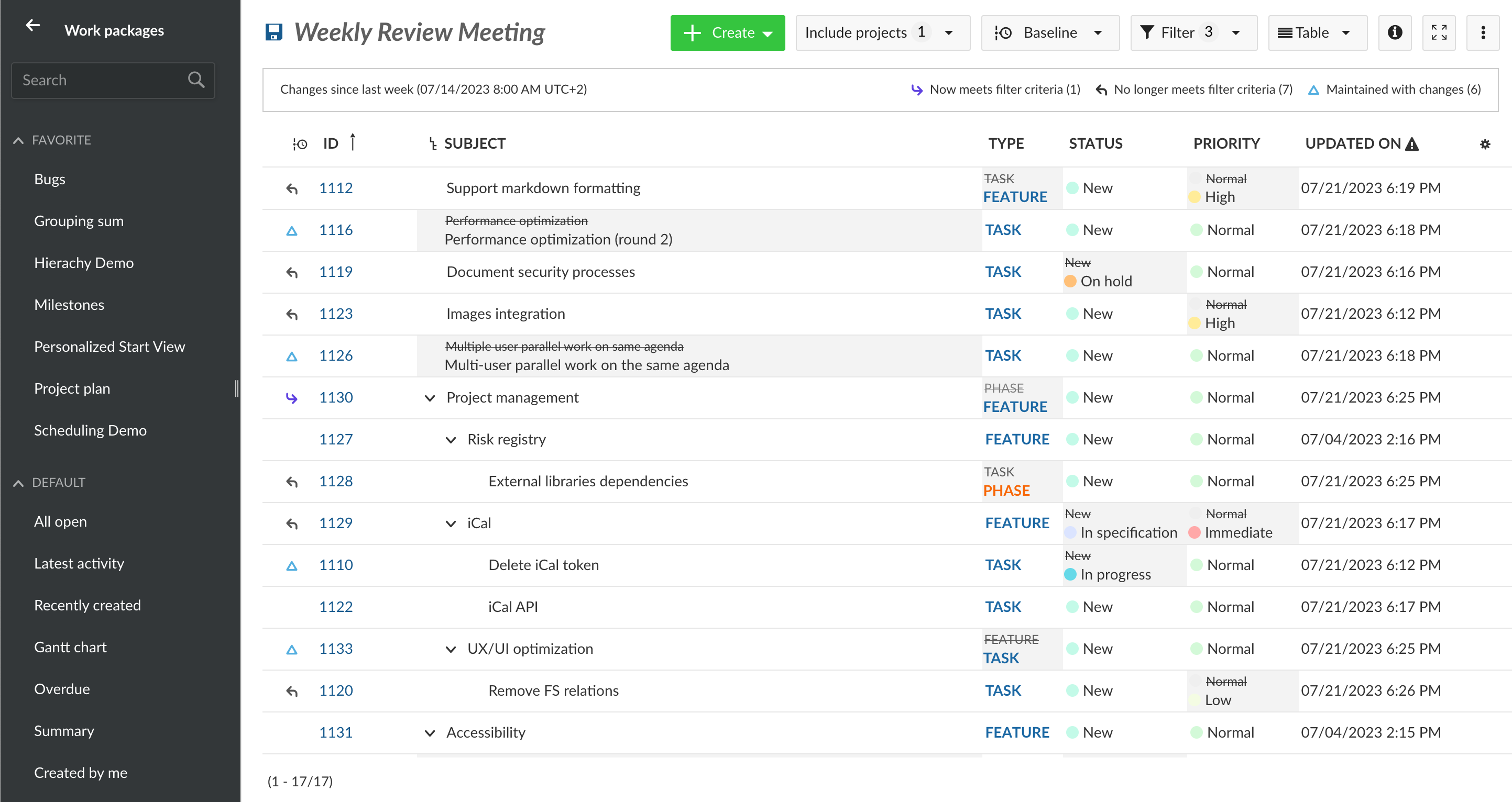 Liste du tableau des lots de travaux avec la base de référence activée