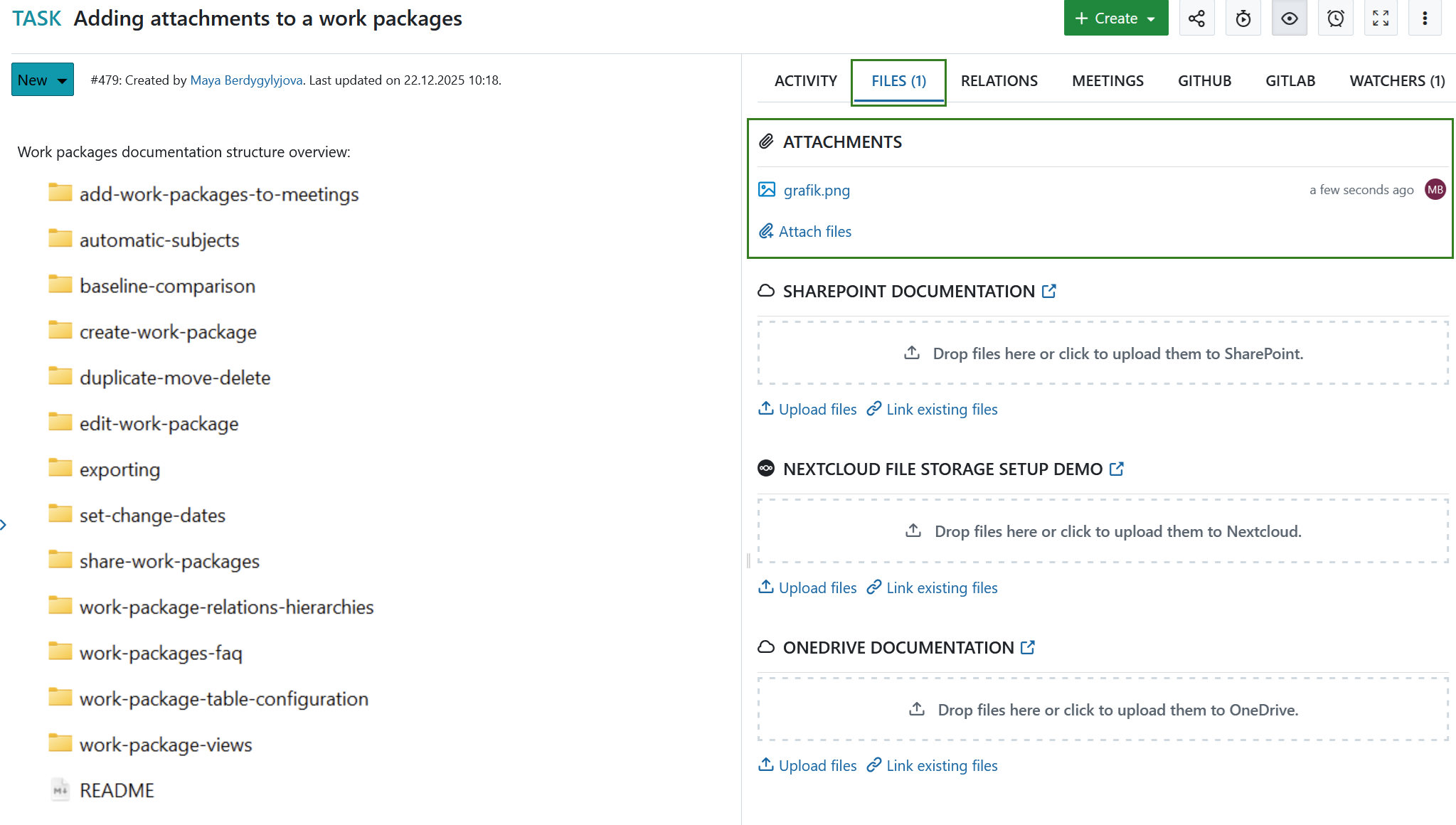 Add an attachment to a work package in OpenProject under Files tab
