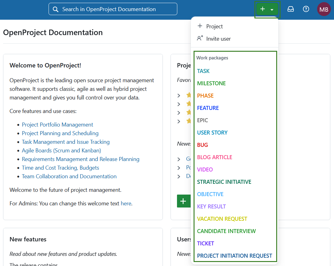 Button to create work packages from the header navigation of OpenProject 