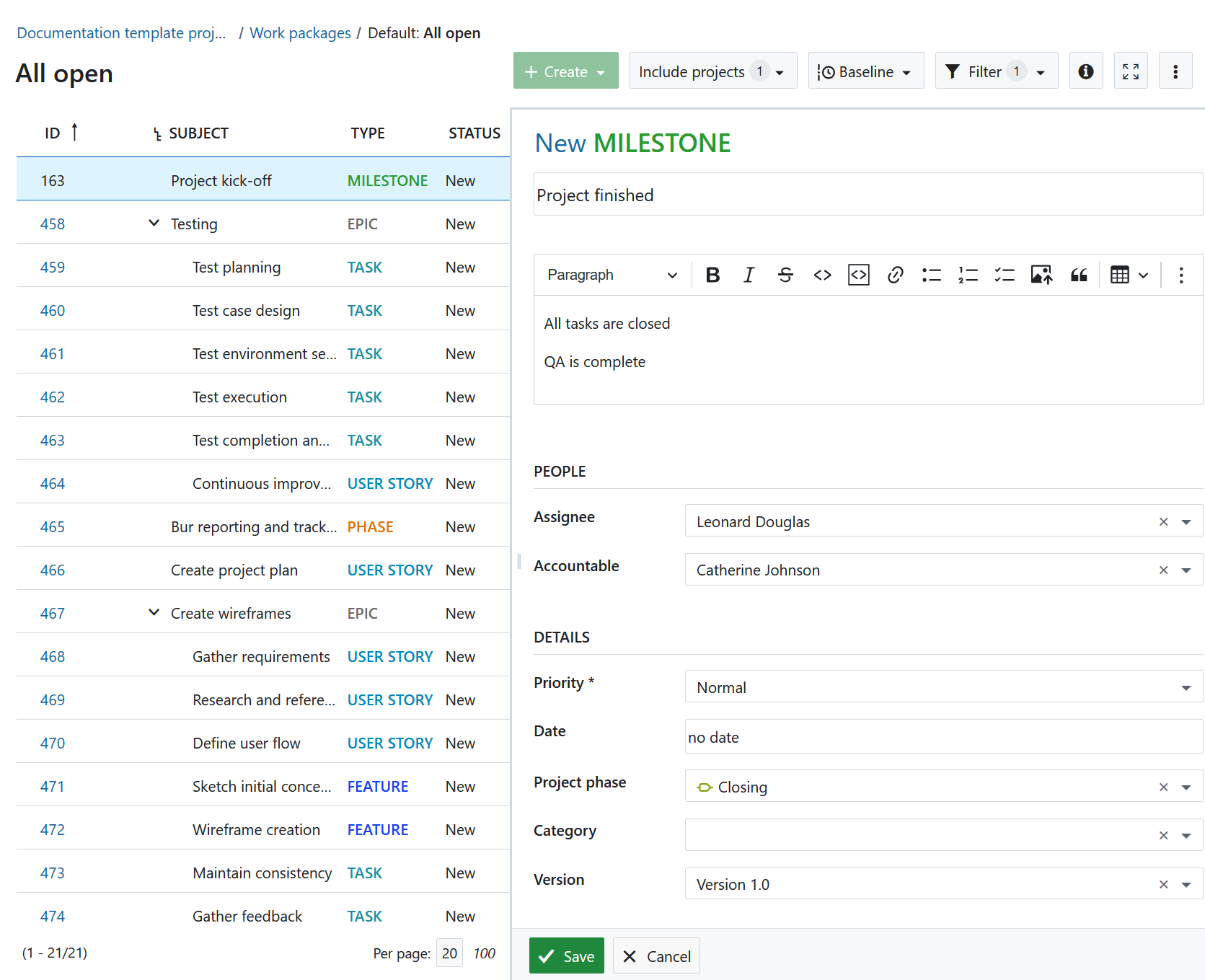 create a work package in the split screen view