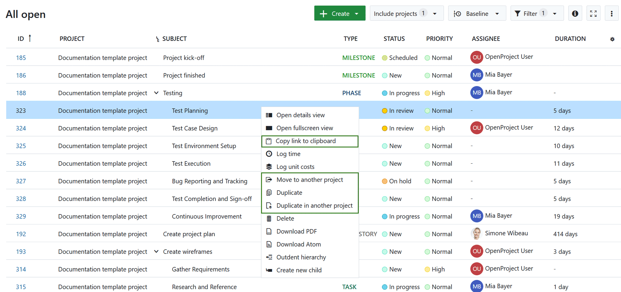 Opciones de edición de paquetes de trabajo en una vista de tabla de paquetes de trabajo en OpenProject