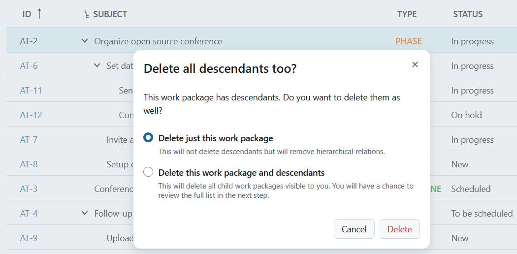 Dialog form to delete a work package