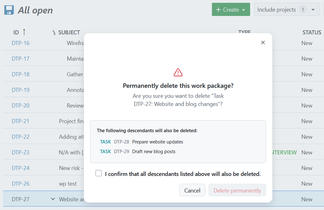 Danger dialog form to delete a work package and its descendants