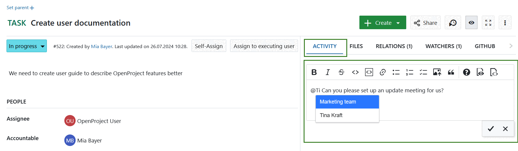 Dejar un comentario en los paquetes de trabajo de OpenProject