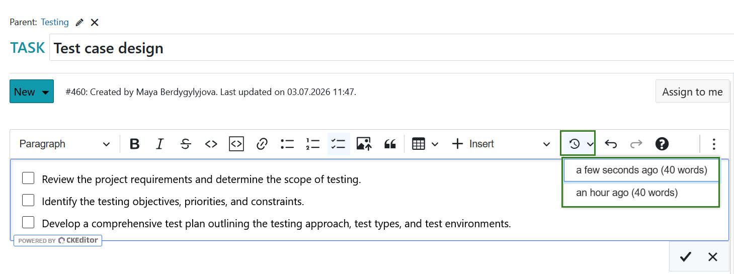 Restaurar cópias de segurança locais no editor de texto no OpenProject