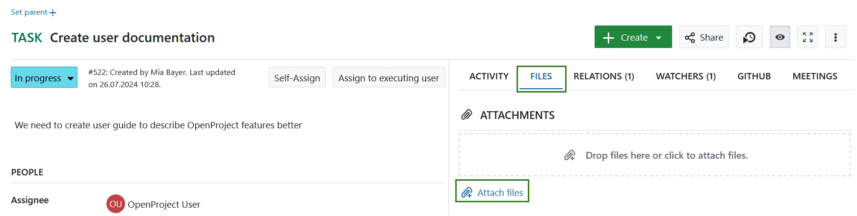 Subida manual de adjunto en un paquete de trabajo de OpenProject